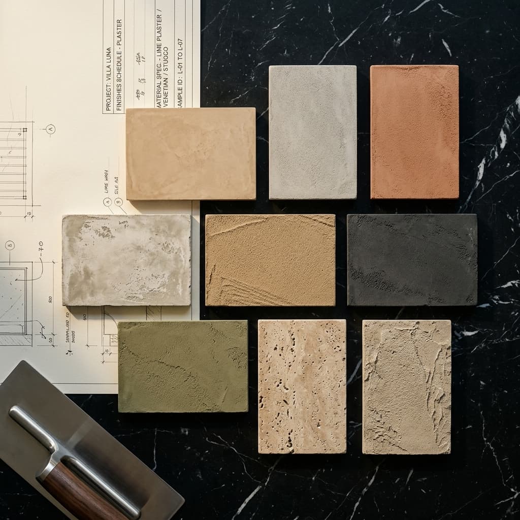 Lime plaster sample boards laid over an architectural finish schedule