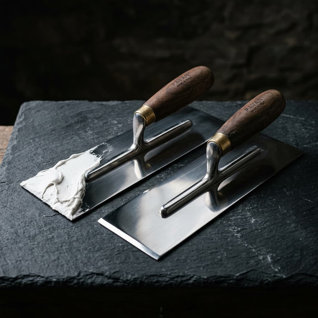 Two Italian stainless steel plastering trowels on slate