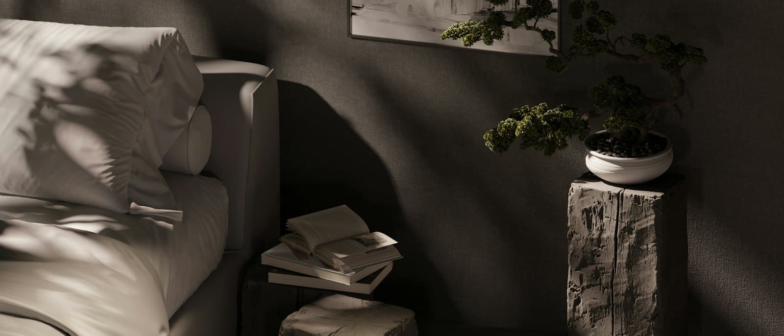 Quiet living room with plaster walls in raking light