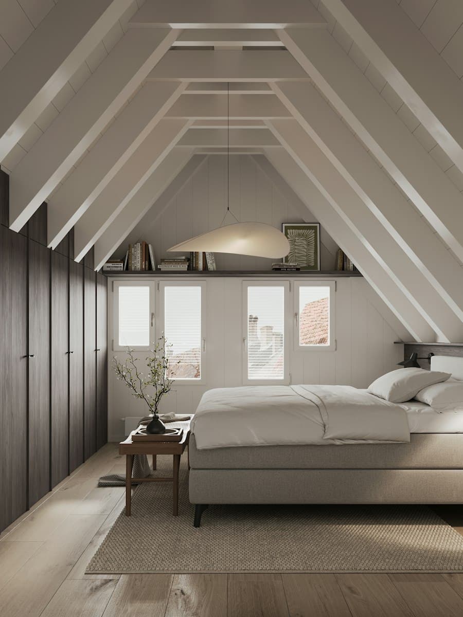 Calm bedroom with soft white walls under a vaulted ceiling