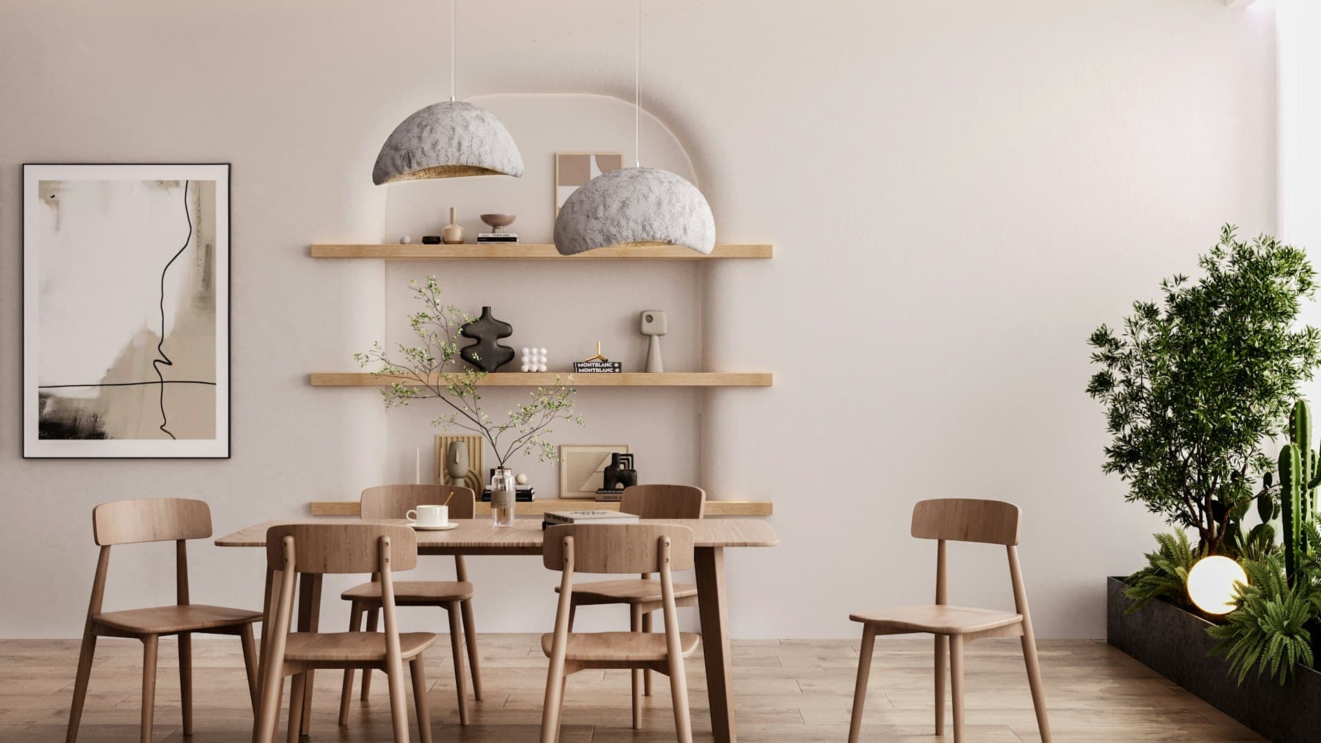 Soft dining room with arched shelving and lime-washed walls